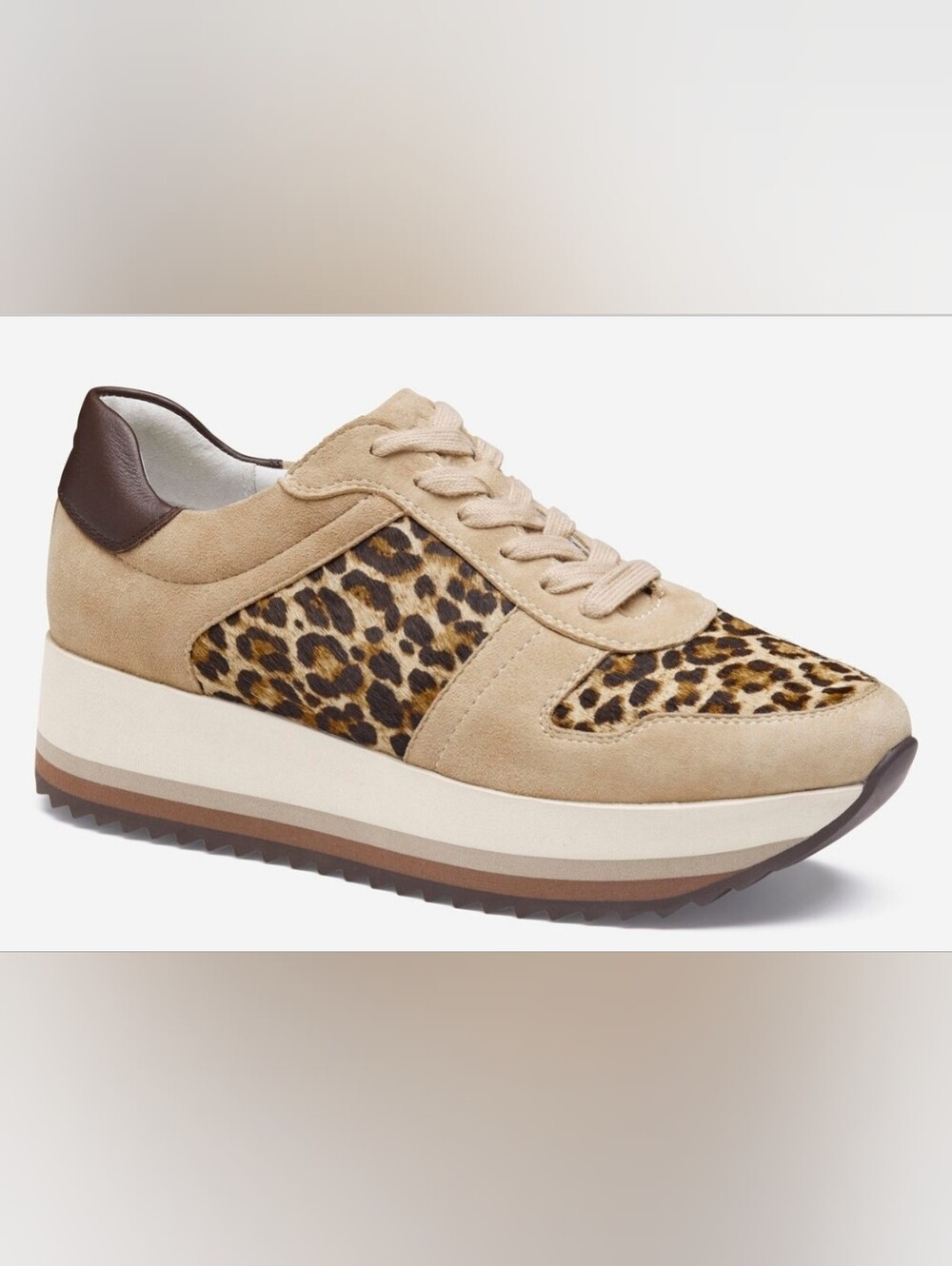 Johnston & Murphy Gracie Colorblock Lace-Up Sand Kid Suede/Leopard Haircalf NWOT